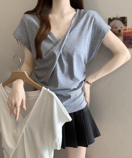 빅 사이즈 여성 의류 디자인 센스 V넥 순면 반팔 티셔츠 여름 지방 mm 허리 수축 슬림해 보이는 올해 인기 ~ 중 아름다운 맨위