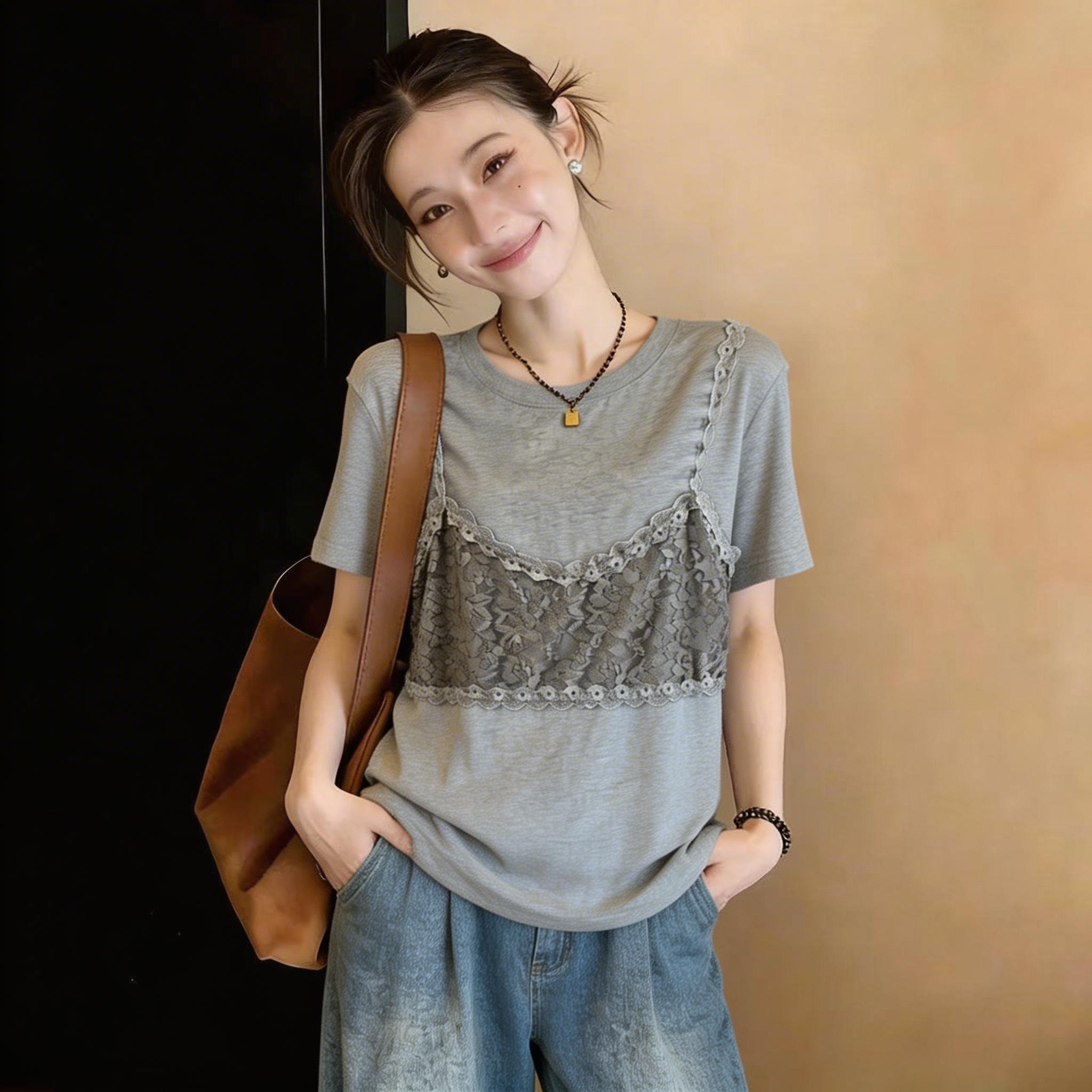 RY3895# 假两件蕾丝短袖T恤女2026新款夏季大码胖mm高级感中长款上衣
