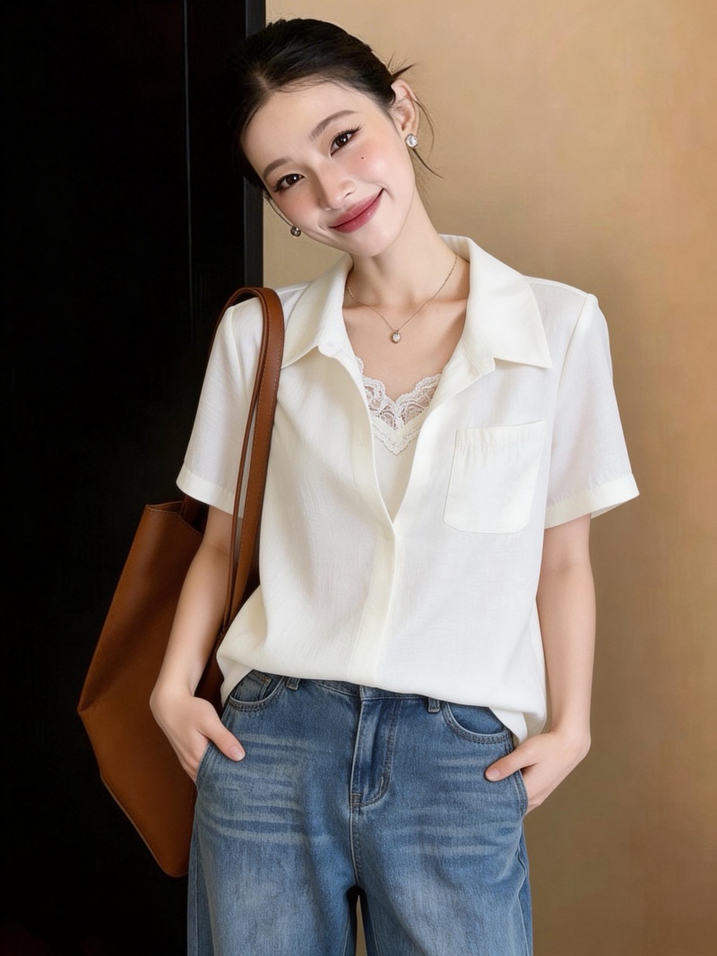 RY3893# 微胖大码女装时髦假两件设计感蕾丝拼接v领吊带短袖衬衫上衣