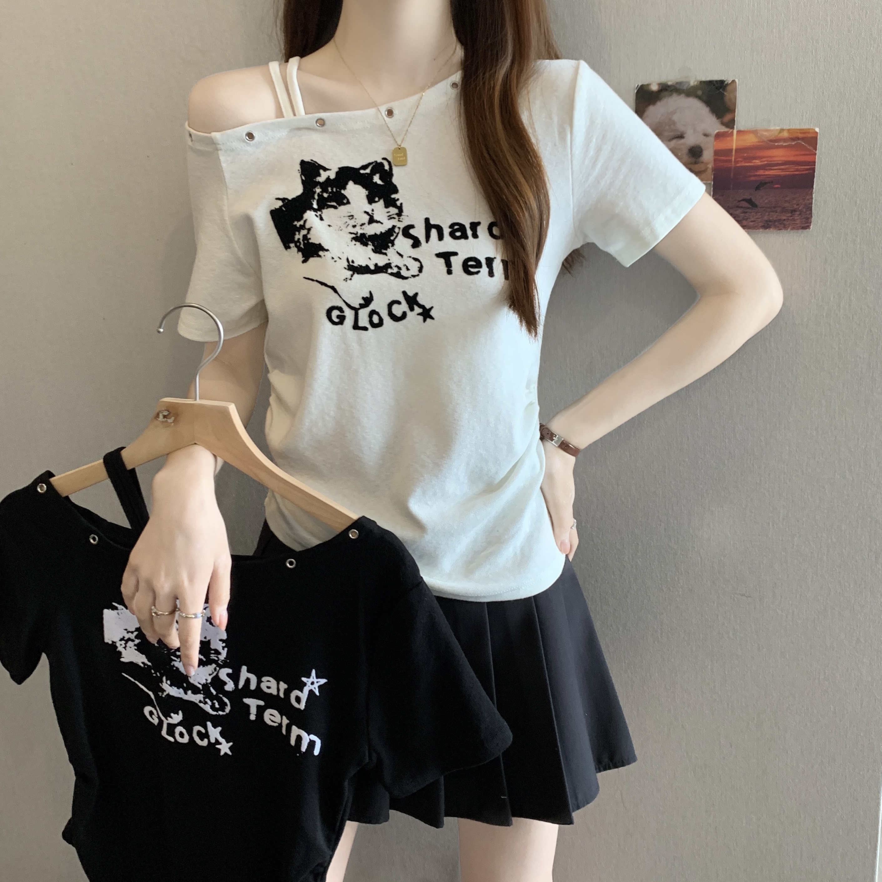 RY3894# 实拍胖MM大码女装2026夏季新款设计感收腰印花短袖T恤辣妹短上衣