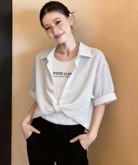 2026 새로운 여름 POLO 칼라 스트라이프 반팔 쉬폰 여성 셔츠 외국 가스 무거운 작업 핫픽스 페이크 레이어드 맨위