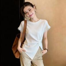 批发超好看蕾丝边正肩短袖T恤女2026<b class='q'>春</b>夏新款大码胖mm不规则掐腰上衣