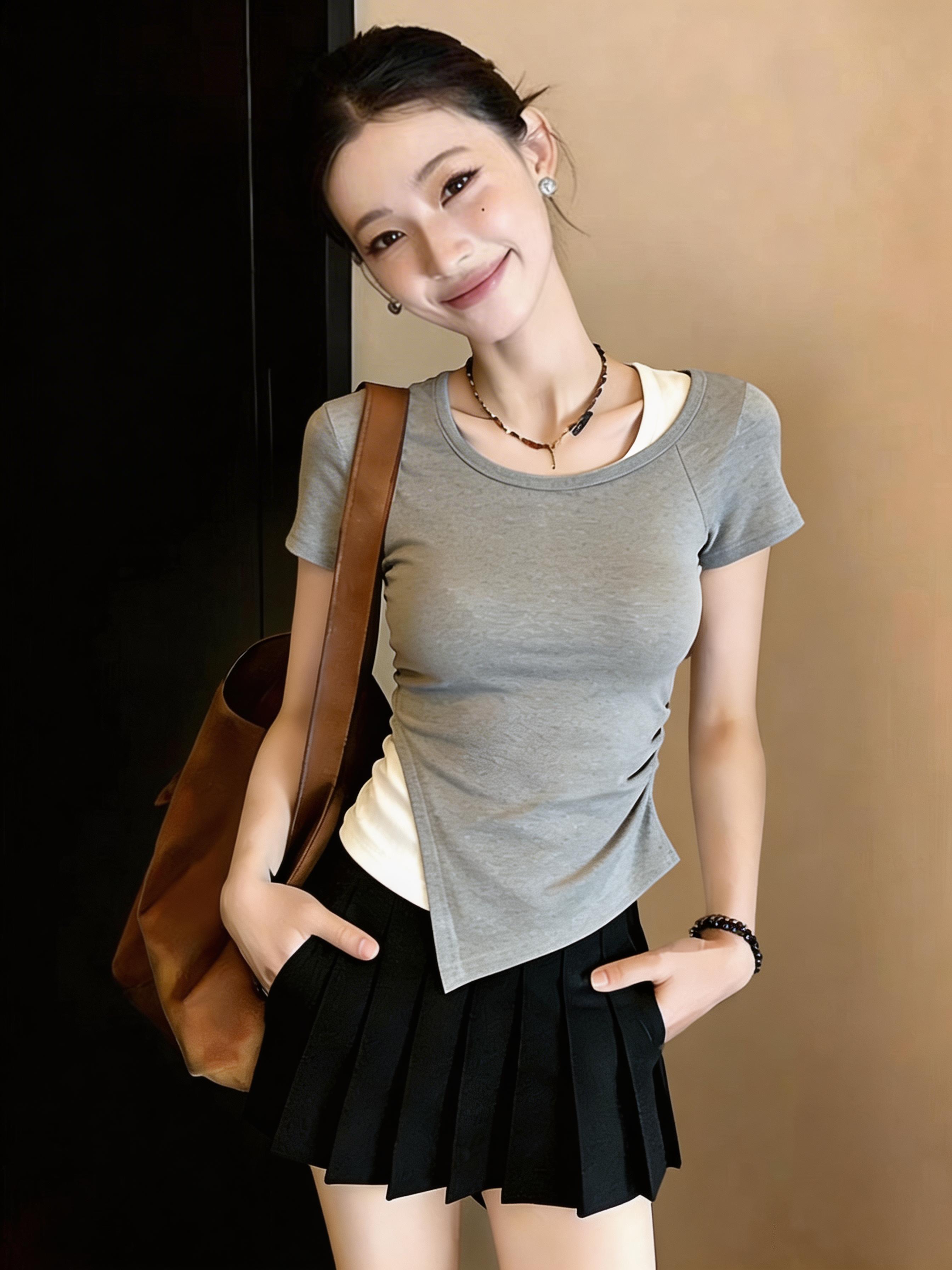 RY3890# 2026新款两穿领直角肩腰精T 高弹修身短款 不规则斜肩撞色假两件