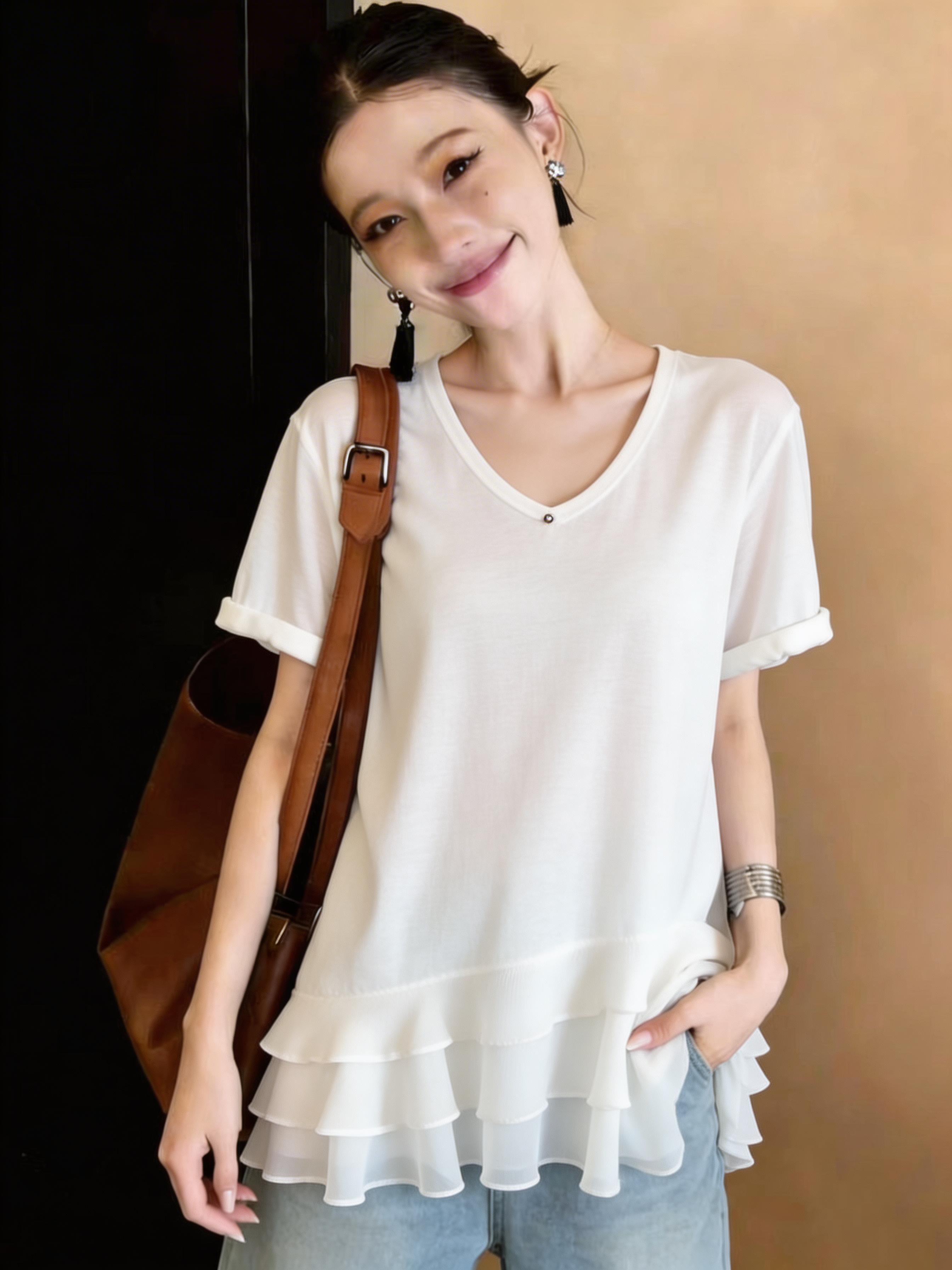 RY3887# 绝美蛋糕雪纺假两件短袖T恤打底衫宽松上衣女2026夏季新款潮