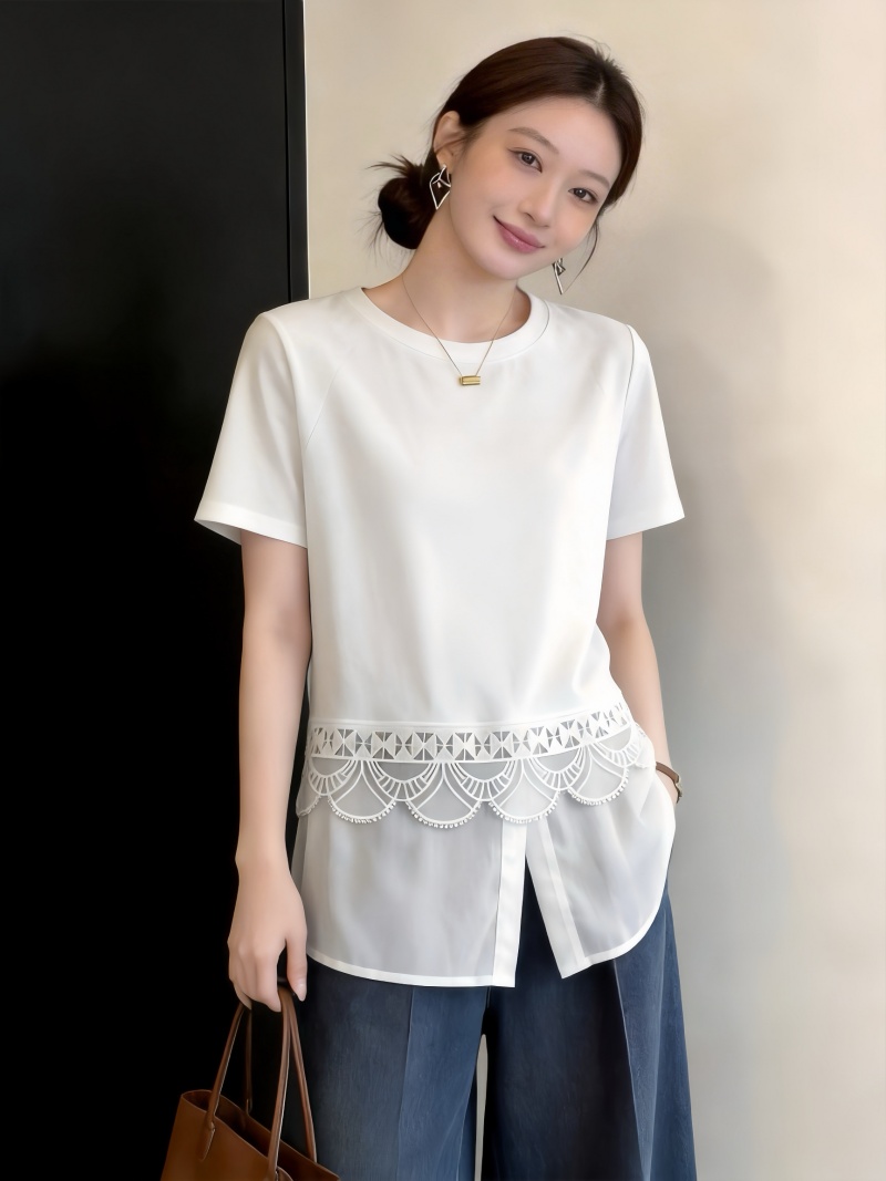 RY3885# 大码微胖妹妹白色蕾丝拼接圆领短袖T恤女宽松百搭显瘦时尚上衣潮