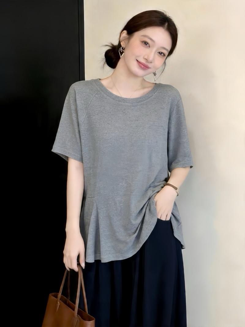 RY3884# 胖mm正肩圆领鱼骨显瘦上衣妈妈短袖T恤