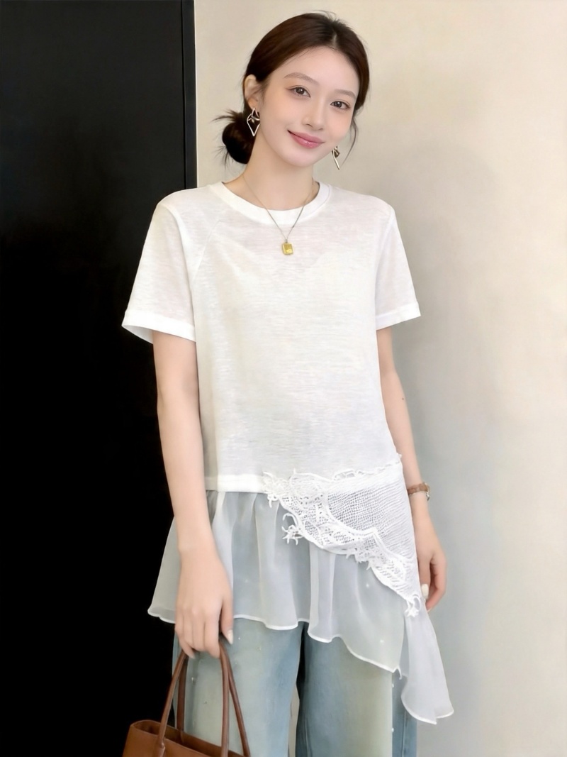 RY3882# 大码微胖妹妹时尚圆领拼接蕾丝网纱不规则设计感短袖女上衣