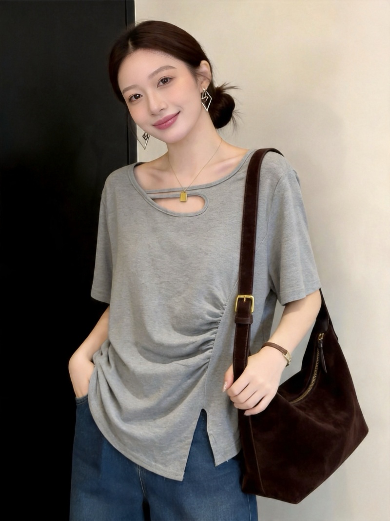 RY3881# 大码胖mm小众不规则镂空抽褶短袖T恤女爆款洋气百搭纯色上衣
