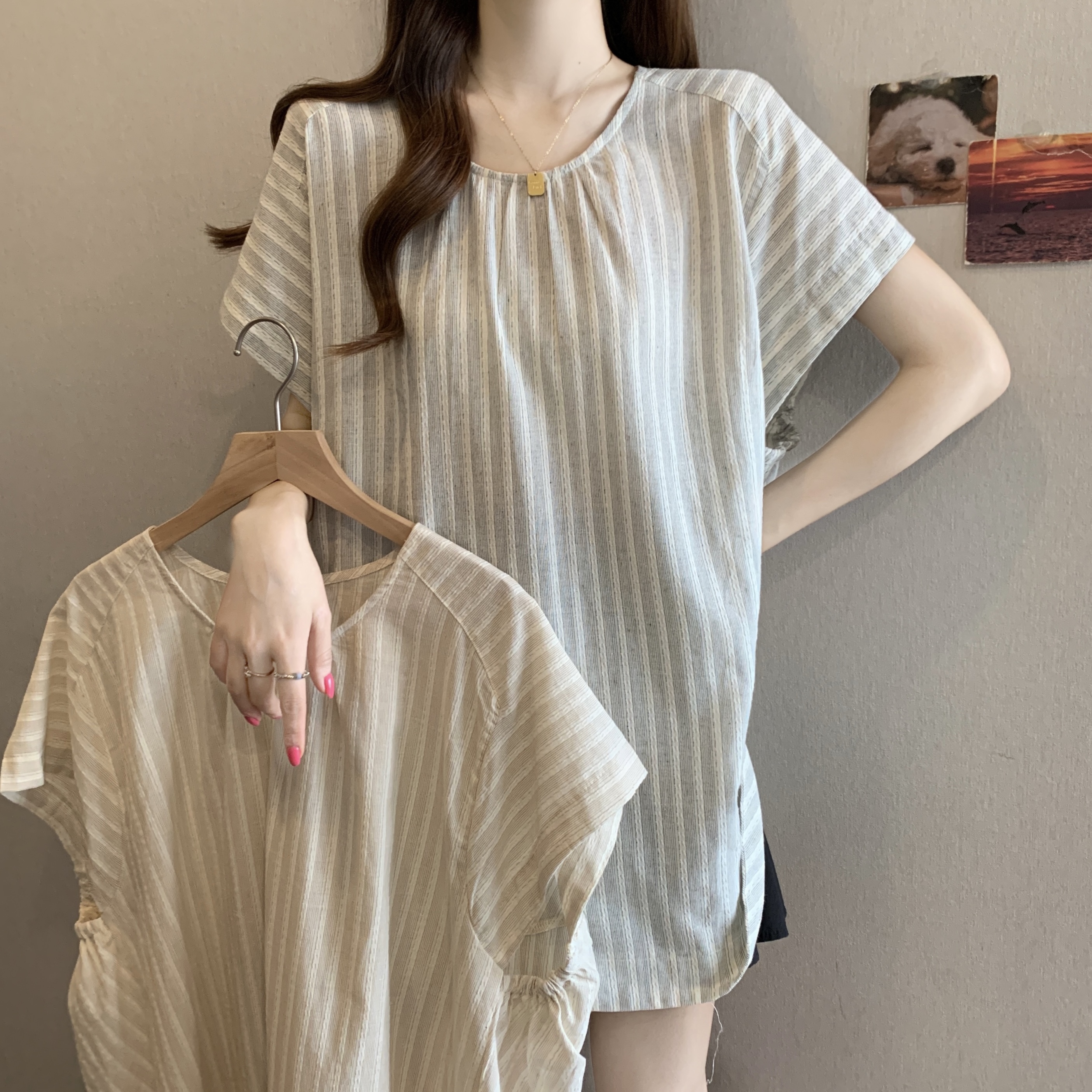 RY3880# 2026夏季甜觅特大码女装夏装胖mm条纹下摆开叉中长款宽松短袖T恤