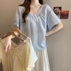 批发大码微胖妹妹v领短袖衬衫显瘦显白短袖上衣遮肉夏季宽松上衣