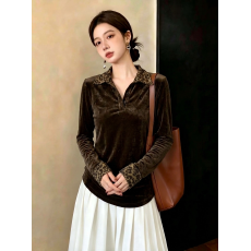 批发韩版设计感豹纹拼接翻领丝绒上衣女秋<b class='q'>冬</b>新款修身显瘦气质打底衫潮