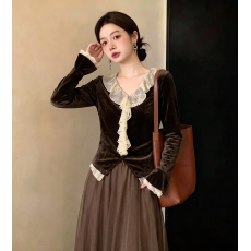 批发2026秋季新款时尚法式V领蕾丝荷叶边拼接丝绒小衫长袖上衣女t恤潮