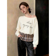 批发假两件斜肩露肩长袖卫衣女2026早秋<b class='q'>冬</b>新款大码胖mm美拉德上衣