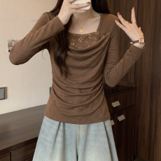 批发2026秋<b class='q'>冬</b>新款荡领假两件长袖T恤女款大码胖mm蕾丝拼接叠穿感上衣