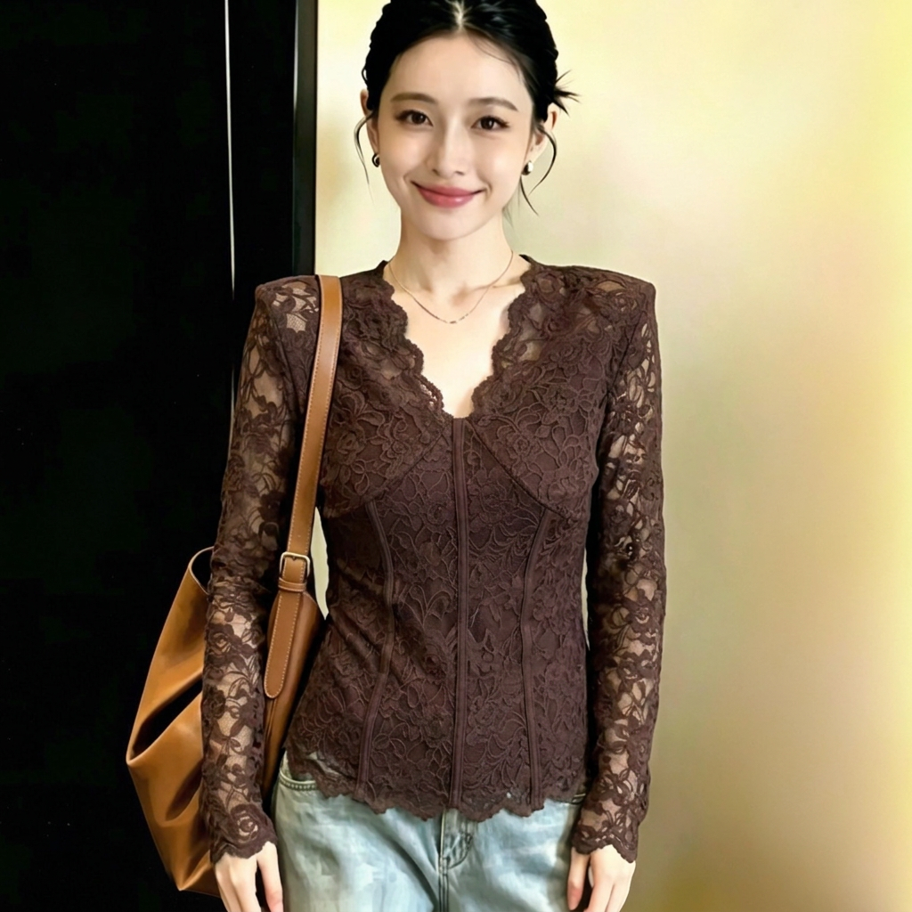BY35163# 秋冬新款长袖蕾丝v领上衣性感高级感气质休闲女薄绒打底衫 服裝批發女裝批發服飾貨源