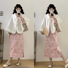 批发实拍粉色新中式<b class='q'>旗袍</b>复古民国风日常连衣裙秋冬加绒加厚斗篷套装