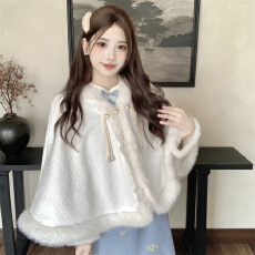 批发实拍加绒加厚气质秋冬款碎花<b class='q'>改良</b><b class='q'>旗袍</b>裙新中式国风斗篷披肩两件套