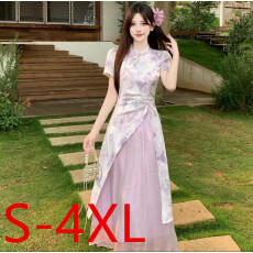 批发实拍夏季款款幻紫流云新中式改良国风旗袍暗纹印花<b class='q'>假两件</b>琉光纱裙