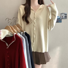 批发实拍蕾丝花边V领<b class='q'>针织</b>开衫女早秋温柔风竖坑条宽松长袖毛衣外套