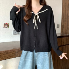 批发蕾丝绑带V领<b class='q'>针织</b>开衫女早秋温柔韩系单排扣宽松软糯长袖毛衣外套