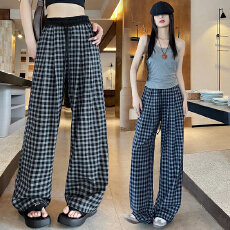 批发实拍2026春夏新款美式复古蓝格子阔腿裤慵懒风裤子垂感直筒<b class='q'>休闲裤</b>