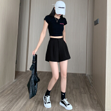 批发黑色松紧高腰休闲西装短裤<b class='q'>女</b>夏薄款2025新款宽松小个子a字阔腿<b class='q'>裤</b>