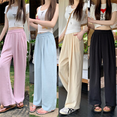 批发冰丝阔腿裤<b class='q'>女</b>夏季薄款高腰垂感宽松休闲肌理感阔腿<b class='q'>裤</b>