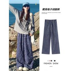 批发蓝色格子裤女高腰慵懒宽松遛弯裤垂感休闲阔腿裤