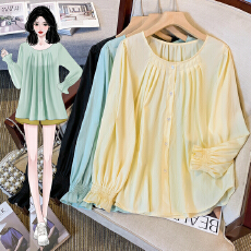 批发法式长袖衬衫女宽松遮肚皱褶上衣微<b class='q'>胖</b>休闲衬衣