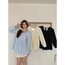 批发2026<b class='q'>春</b>季新款法式长袖甜美方领正肩短袖衬衫女收腰显瘦套头上衣