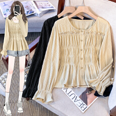 批发法式复古褶皱木耳边衬衫遮肚子显瘦锁骨方领上衣