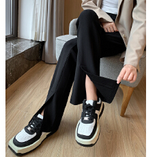 批发实拍黑色高弹微喇开叉<b class='q'>休闲裤</b><b class='q'>女</b>高腰显瘦垂感拖地分叉长裤