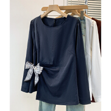 批发大码圆领长袖衬衣女款胖妹妹遮肉显瘦休闲减龄上衣