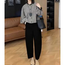 批发复古黑白格纹长袖衬衫减龄圆领娃娃衫女+百搭宽松休闲<b class='q'>哈伦裤</b><b class='q'>套装</b>