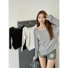 批发大码长袖T恤女收腰显瘦白色纯欲不规则上衣