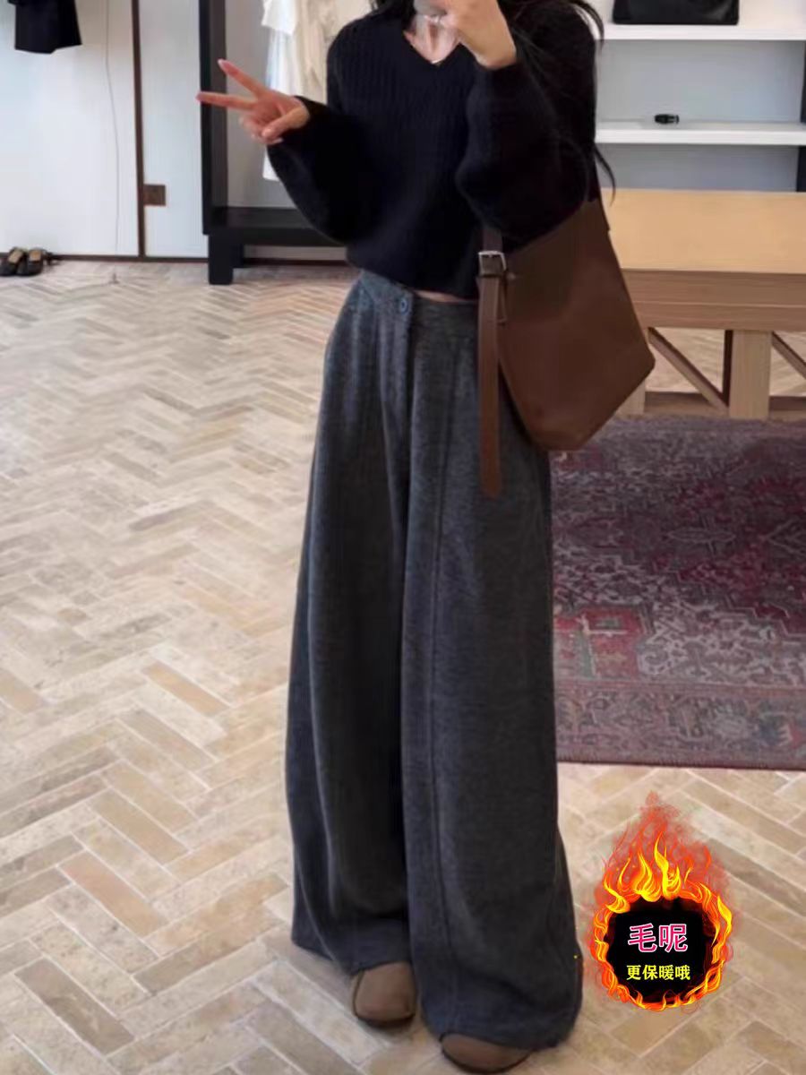 实价休闲毛呢直筒裤女加厚秋冬新款大码梨形身材高腰显瘦阔腿裤