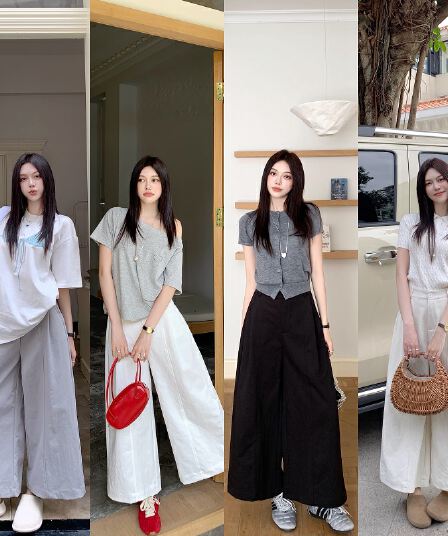 열세 개 봄 한 부서 고급 센스 카키 색 루즈핏 다용도 모통이 칼 바지 여성 하이웨이스트 스트레이트 캐주얼 와이드 레그 팬츠