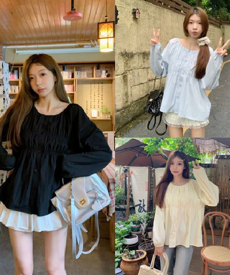 빅 사이즈 긴팔 셔츠 라운드 넥 긍정적 인 어깨 거품 소매 지방 mm 표지 배 맨위