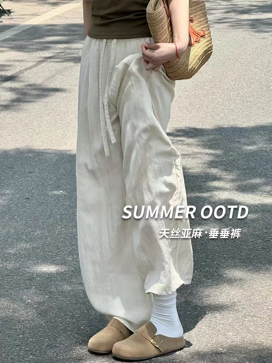 아마 와이드 레깅스 바지 여름 얇은 스타일 지방 mm 루즈핏 슬림해 보이는 모통이 칼 바지 빅 사이즈 면 린넨 캐주얼 바지