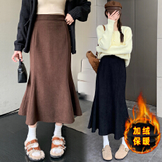 批发实拍加绒加厚鱼尾裙女高腰包臀裙中长款A字半身裙秋冬<b class='q'>长裙</b>