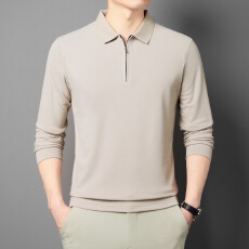 批发40支双纱亲肤绒半拉链纯色翻领POLO衫男士秋冬季内里打底长袖上衣