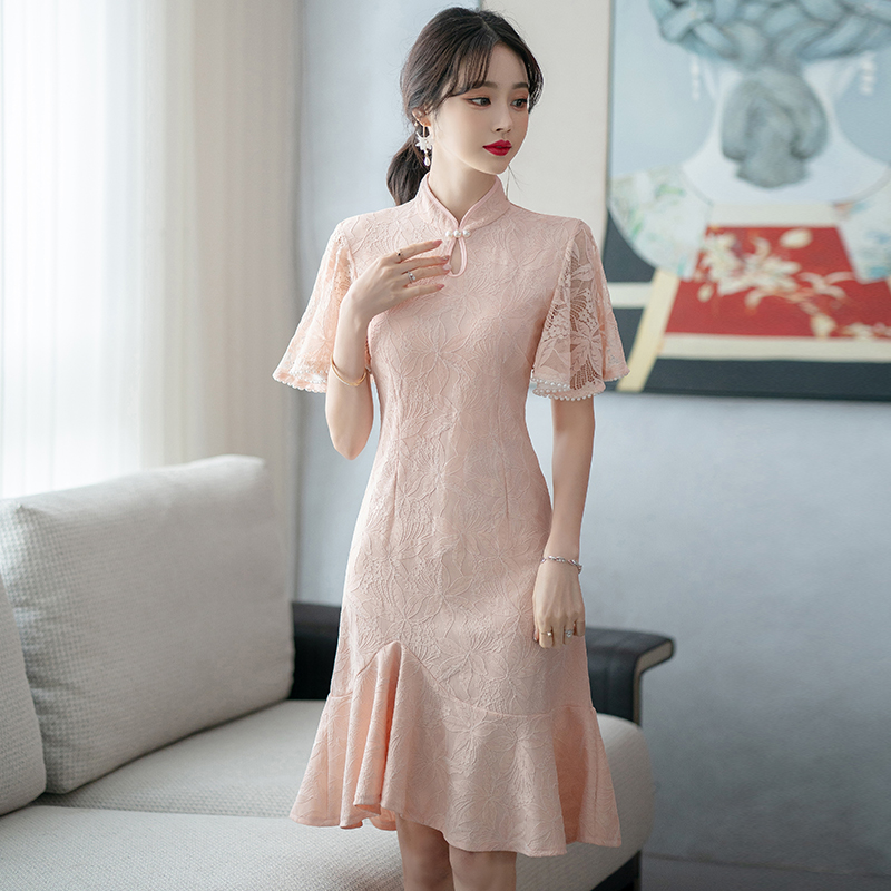 RY1938# 实拍蕾丝旗袍新款夏季年轻款少女改良鱼尾裙日常连衣裙