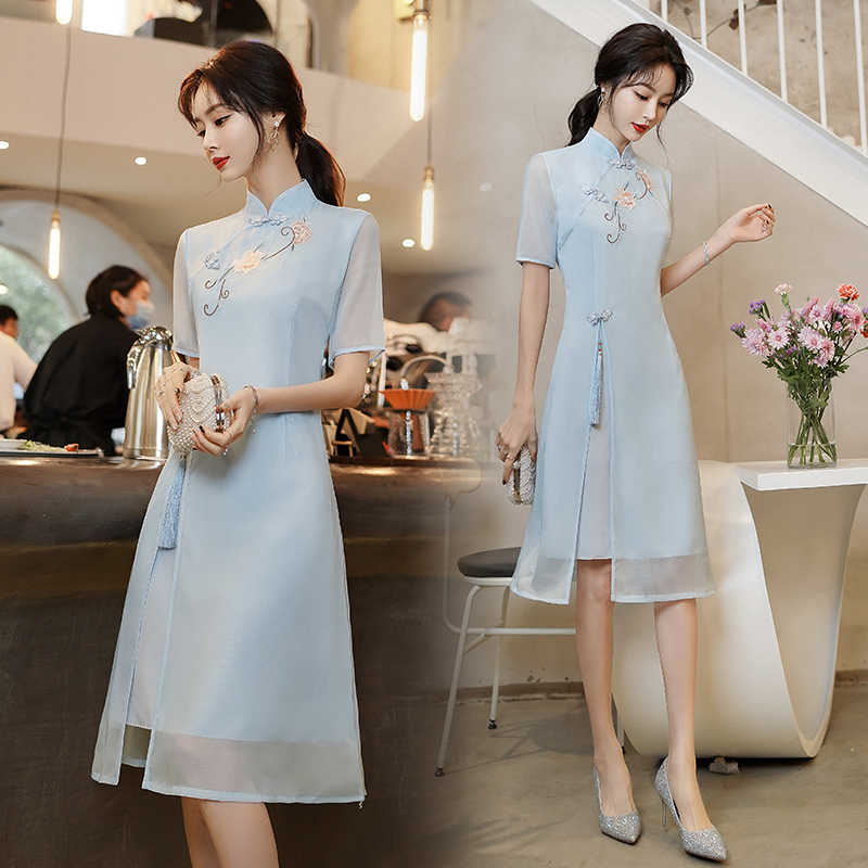 RY1935# 实拍新款立领短袖日常旗袍改良版连衣裙