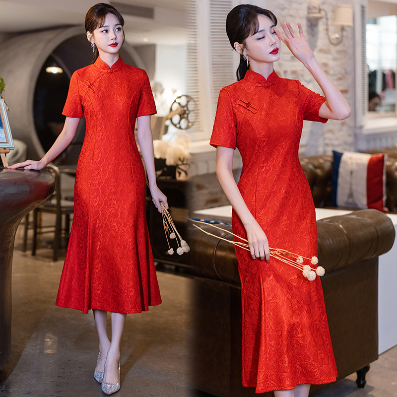 RY1934# 实拍长款旗袍新款复古年轻款改良版气质少女走秀连衣裙