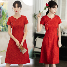 批发实拍红色低领古法旗袍2026年轻款新中式国风低领改良连衣裙