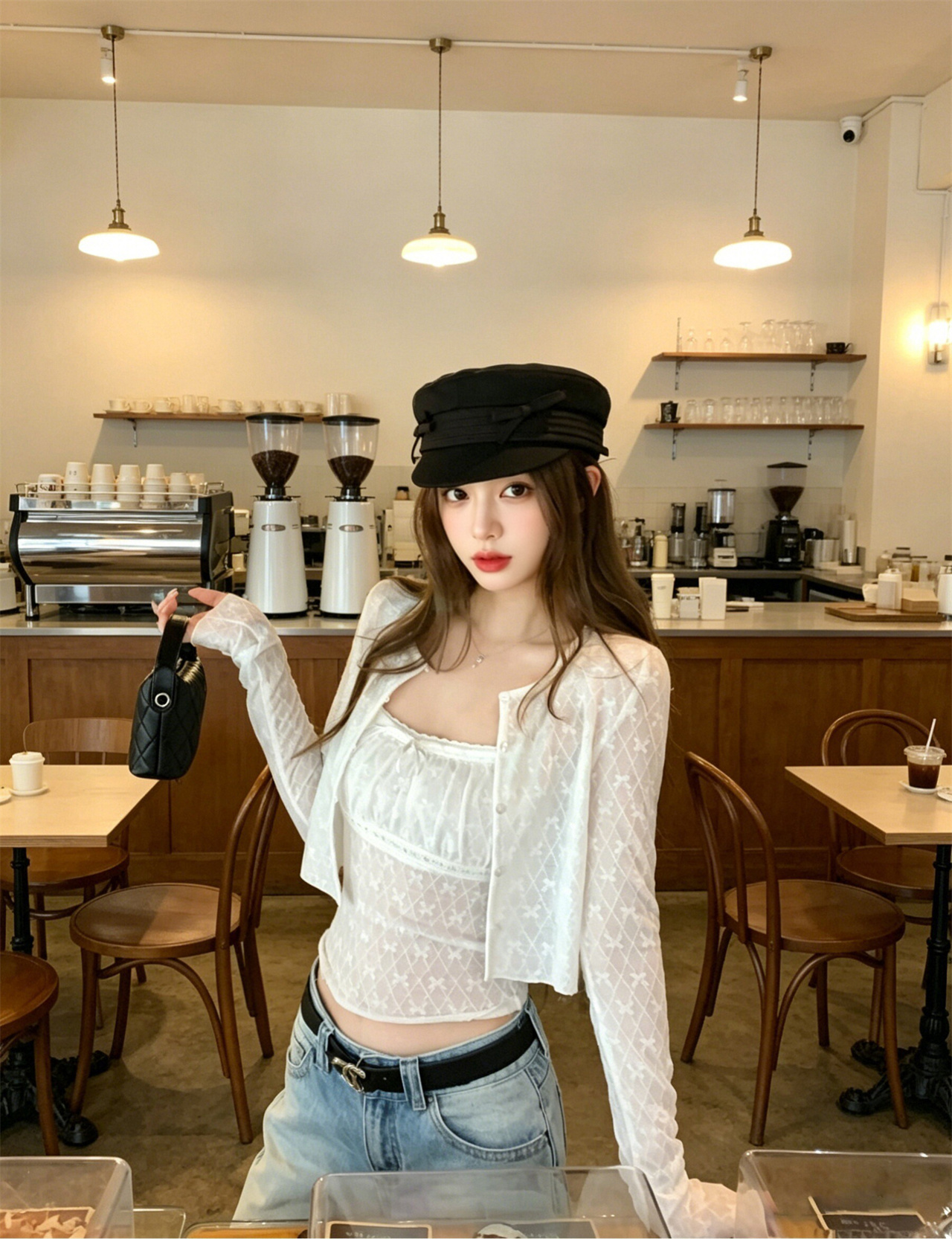 실사 정가 순수한 욕망 품격 작은 여자 나비 매듭 자카드 캐미솔 자외선 차단 짧은 외투 작은 셔츠 세트