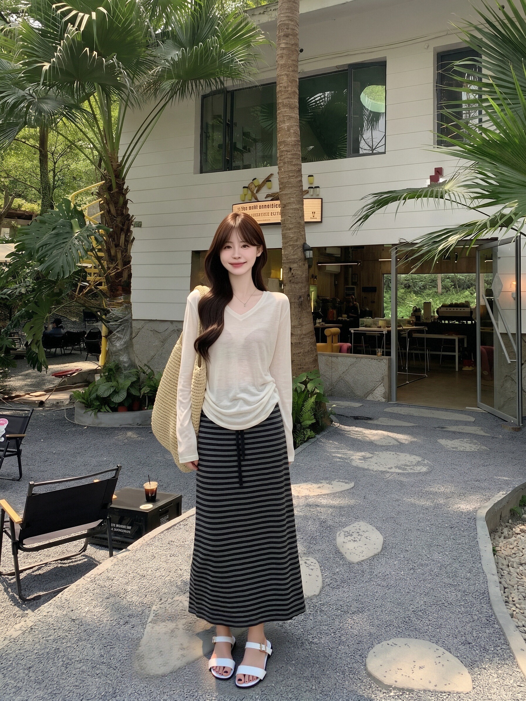 실사 정가 한국 스타일 캐주얼 스트라이프 반신 스커트 미니멀리즘 얇은 스타일 긴팔 티셔츠 투피스 슈트 여성 여름 트렌디