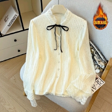 批发加绒磨毛蕾丝打底衬衫女秋冬设计感法式气质系带<b class='q'>显瘦</b>内搭长袖上衣