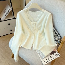 批发<b class='q'>蕾丝</b>拼接钉珠羊毛针织开衫女欧洲站2025冬装新款欧货女装打底衫潮