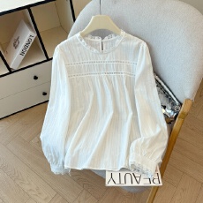 批发韩系气质<b class='q'>蕾丝</b>花边圆领白衬衫女春秋百搭显瘦小胸减龄打底上衣小衫